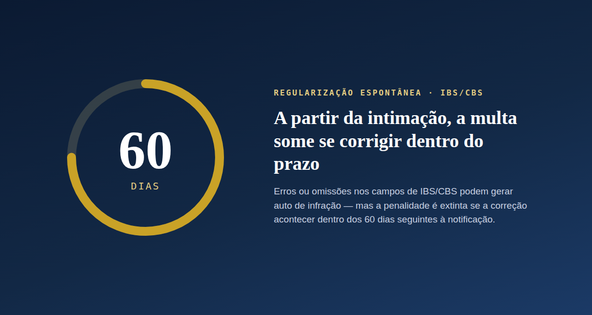 Contador circular mostrando 60 dias, o prazo de regularização espontânea de IBS e CBS após intimação da Receita Federal